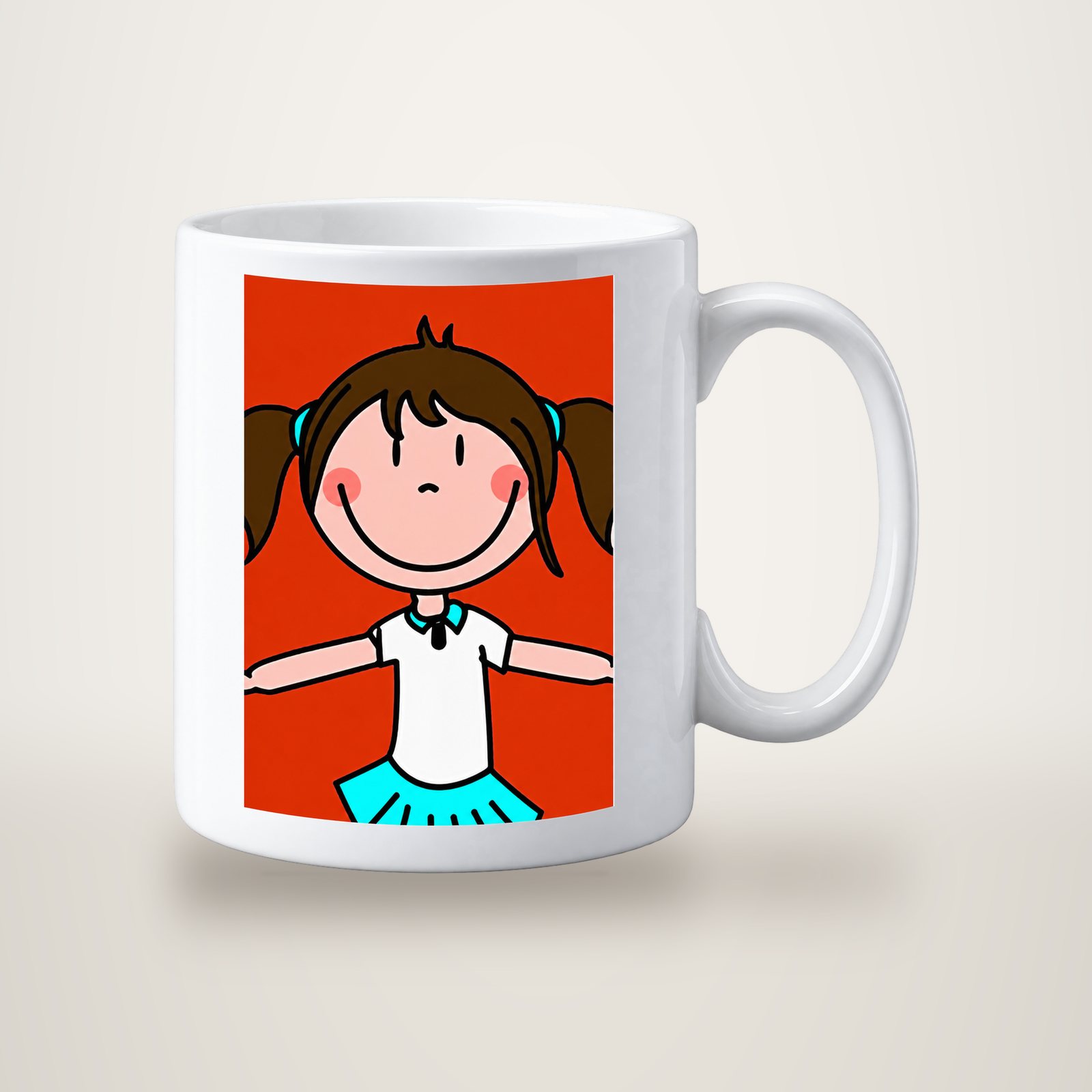 Un mug en céramique blanc décoré d'un dessin de petite fille souriante aux couettes brunes, sur fond rouge orangé.